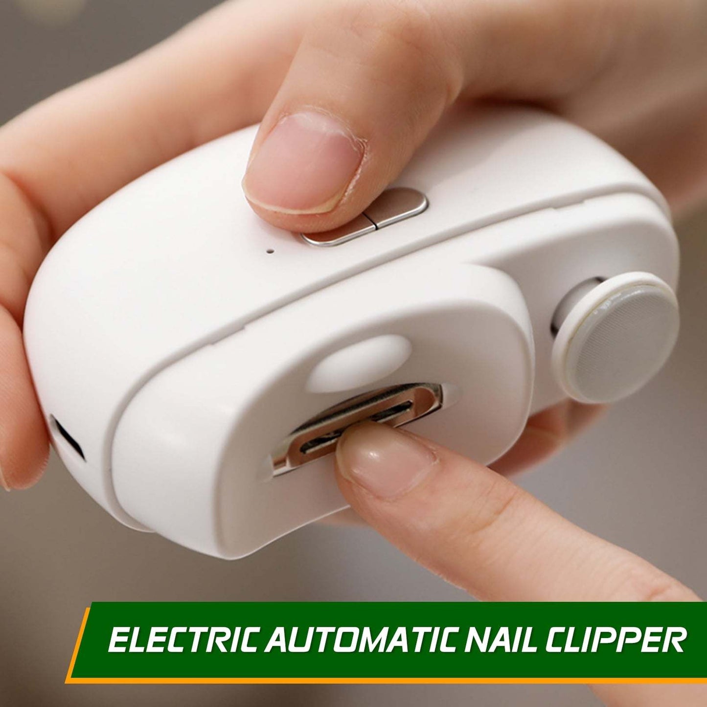 Close-up of a hand using a white electric nail clipper with ergonomic design for safe, automatic nail trimming