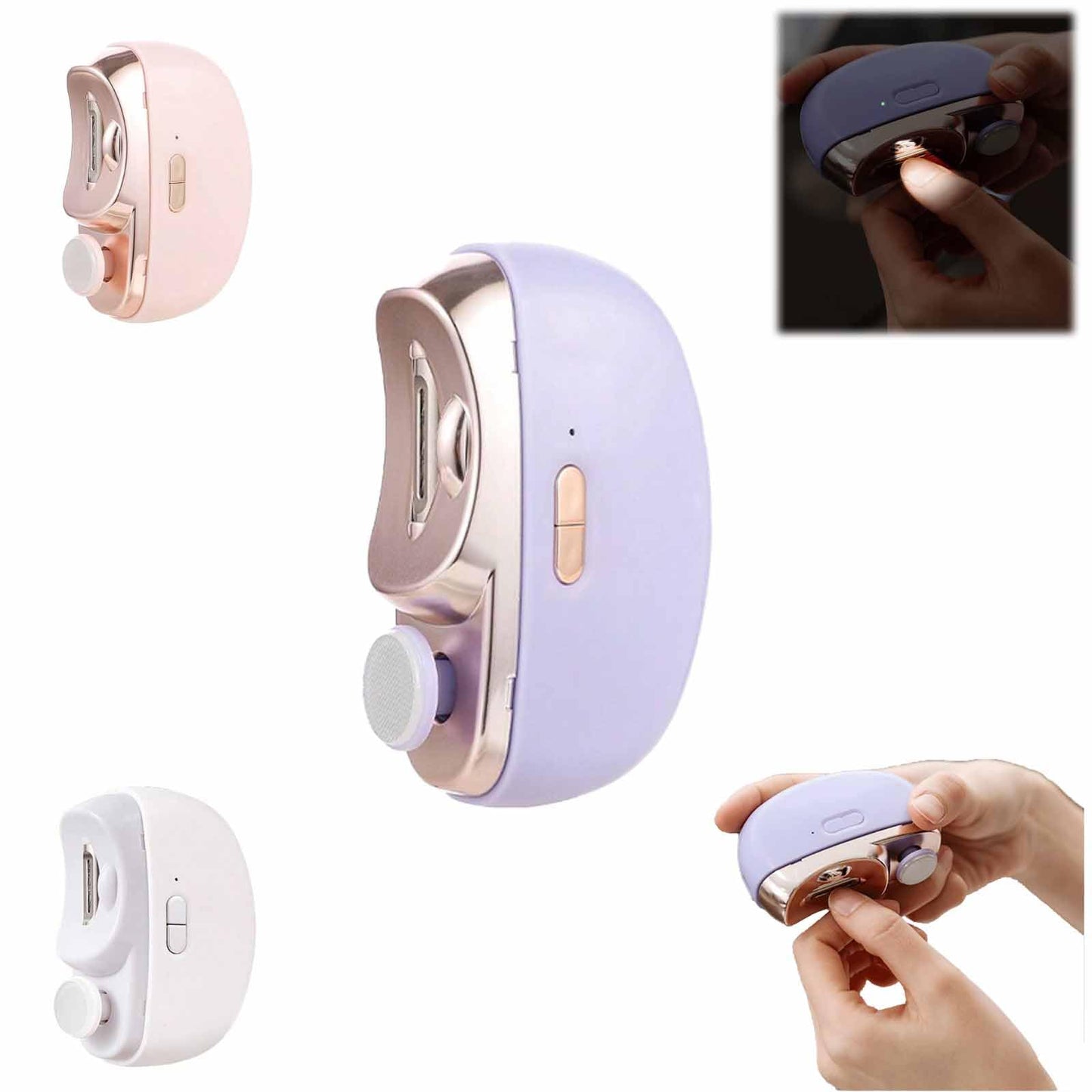 Electric nail clipper with ergonomic grip and protective blade for safe nail trimming in pastel colors