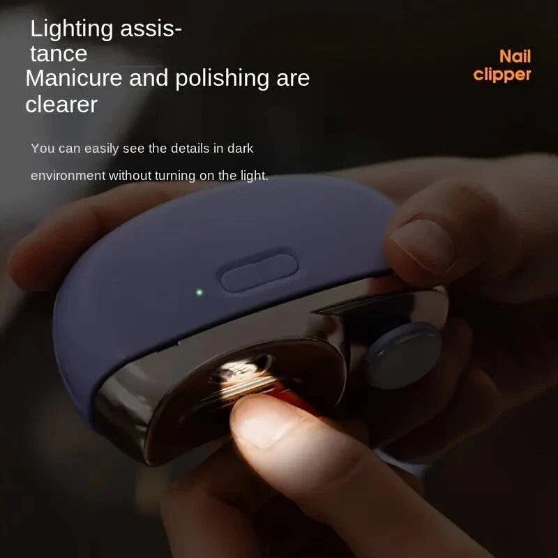 Close-up of hand using a purple electric nail clipper with built-in lighting for safe trimming in dark environments