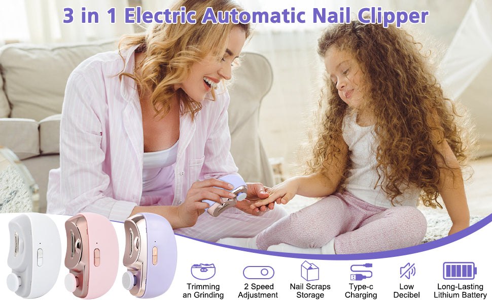 Electric nail clipper with ergonomic design for safe, effortless trimming for all ages including kids and seniors.