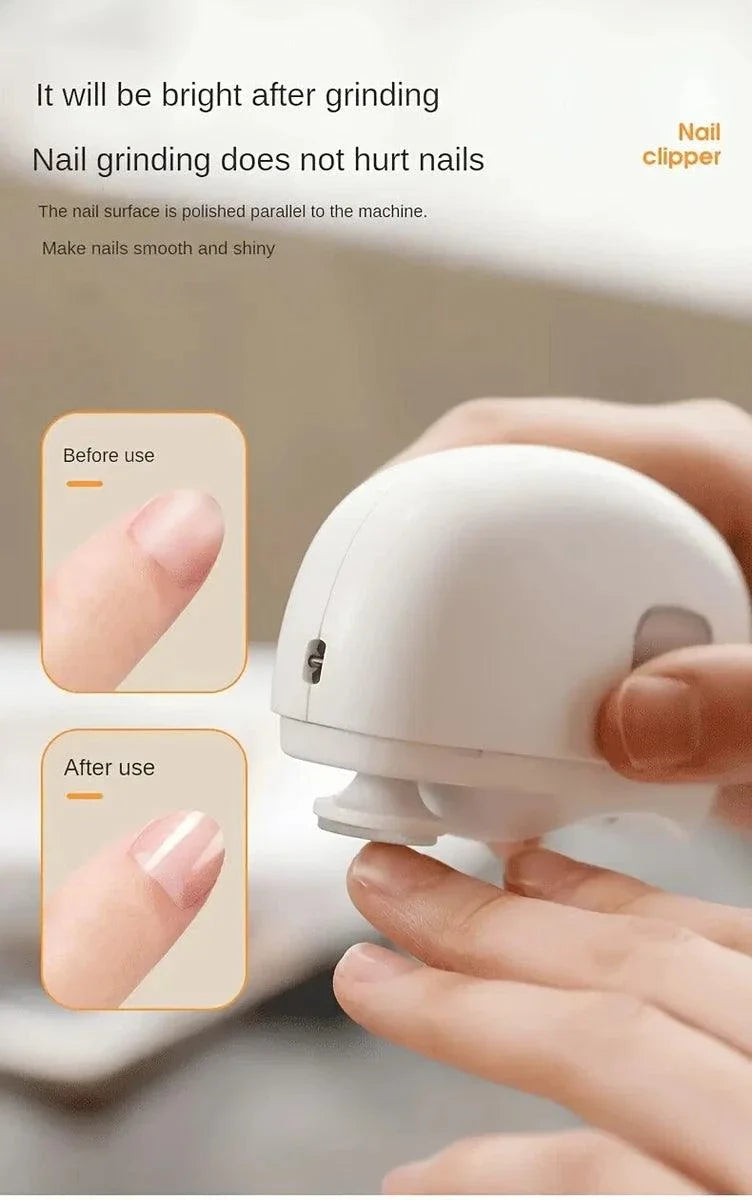 Electric nail clipper grinding and polishing nails for smooth, shiny finish before and after use