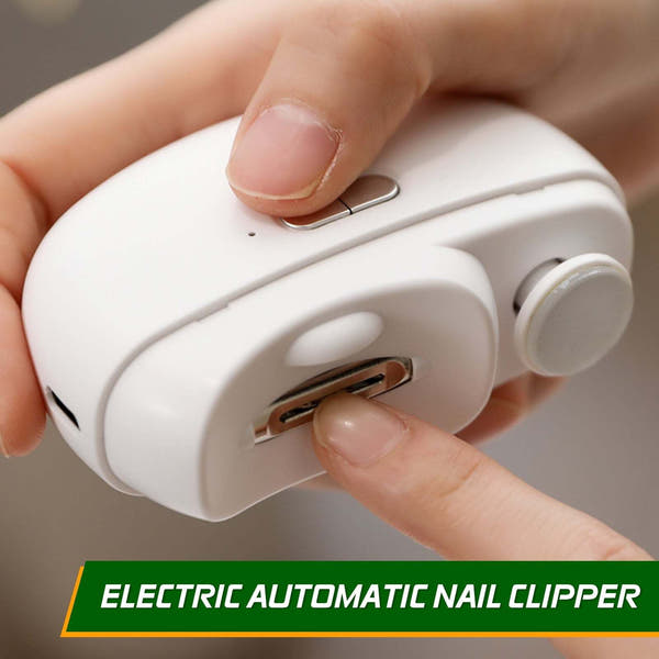 Close-up of a hand using a white electric nail clipper with ergonomic design for safe, automatic nail trimming