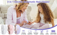 Electric nail clipper with ergonomic design for safe, effortless trimming for all ages including kids and seniors.